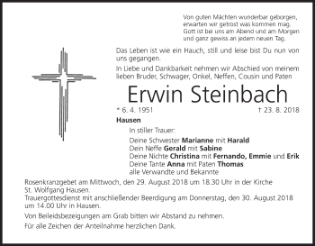 Anzeige von Erwin Steinbach von MGO