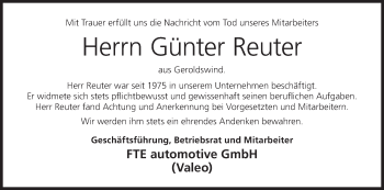 Anzeige von Günter Reuter von MGO
