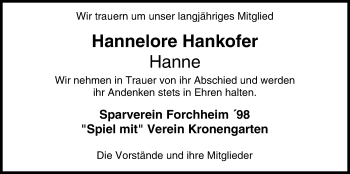 Anzeige von Hannelore Hankofer von MGO