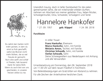 Anzeige von Hannelore Hankofer von MGO