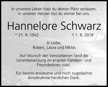Anzeige von Hannelore Schwarz von MGO