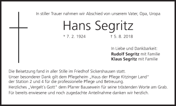 Anzeige von Hans Segritz von MGO
