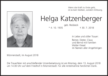 Anzeige von Helga Katzenberger von MGO