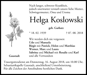 Anzeige von Helga Koslowski von MGO