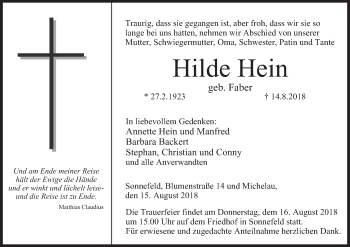 Anzeige von Hilde Hein von MGO