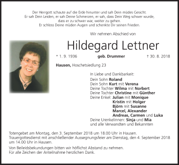 Anzeige von Hildegard Lettner von MGO