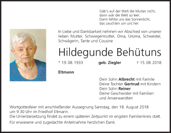 Anzeige von Hildegunde Behütuns von MGO
