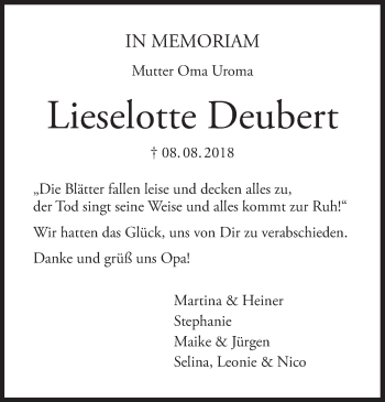 Anzeige von Lieselotte Deubert von MGO