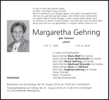 Anzeige von Margaretha Gehring von MGO