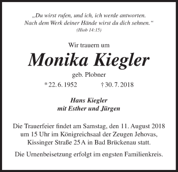 Anzeige von Monika Kiegler von MGO