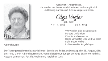 Anzeige von Olga Vogler von MGO