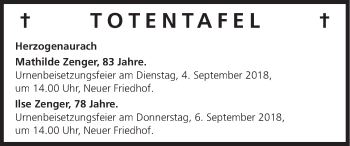 Anzeige von Totentafel vom 01.09.2018 von MGO