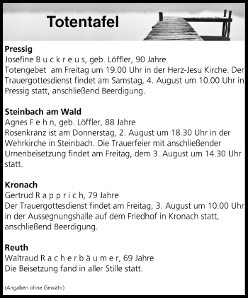 Anzeige von Totentafel vom 02.08.2018 von MGO