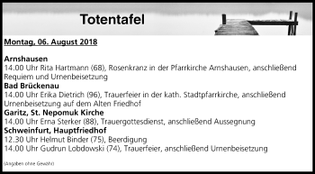 Anzeige von Totentafel vom 06.08.2018 von MGO