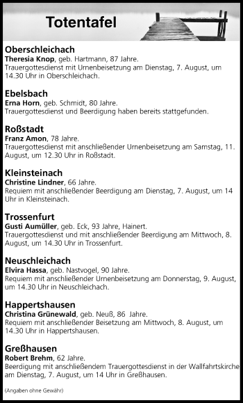 Anzeige von Totentafel vom 07.08.2018 von MGO
