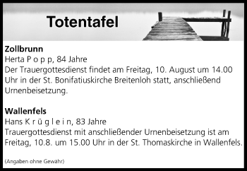 Anzeige von Totentafel vom 09.08.2018 von MGO
