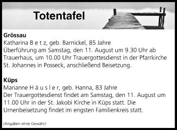 Anzeige von Totentafel vom 11.08.2018 von MGO