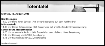 Anzeige von Totentafel vom 13.08.2018 von MGO