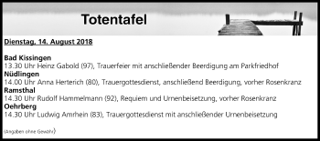 Anzeige von Totentafel vom 14.08.2018 von MGO