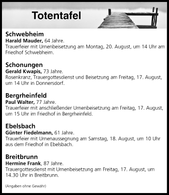 Anzeige von Totentafel vom 17.08.2018 von MGO