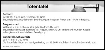 Anzeige von Totentafel vom 17.08.2018 von MGO