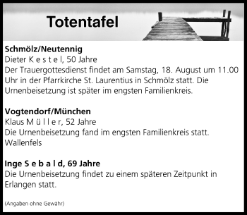 Anzeige von Totentafel vom 18.08.2018 von MGO