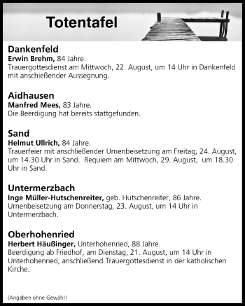 Anzeige von Totentafel vom 21.08.2018 von MGO