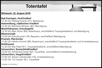 Anzeige von Totentafel vom 22.08.2018 von MGO