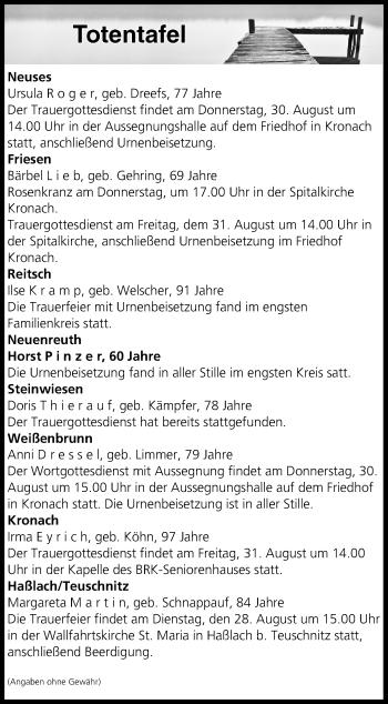 Anzeige von Totentafel vom 28.08.2018 von MGO