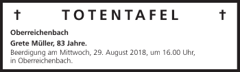 Anzeige von Totentafel vom 28.08.2018 von MGO