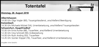Anzeige von Totentafel vom 28.08.2018 von MGO