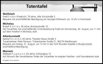 Anzeige von Totentafel vom 29.08.2018 von MGO