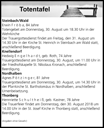 Anzeige von Totentafel vom 29.08.2018 von MGO
