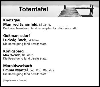 Anzeige von Totentafel vom 31.08.2018 von MGO