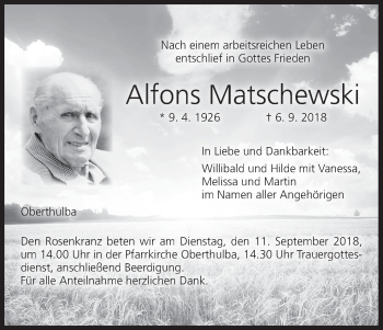 Anzeige von Alfons Matschewski von MGO