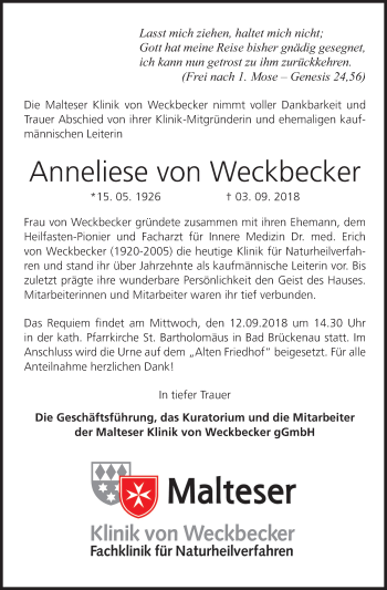 Anzeige von Anneliese  von Weckbecker von MGO