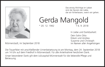 Anzeige von Gerda Mangold von MGO