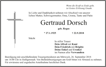 Anzeige von Gertraud Dorsch von MGO