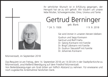 Anzeige von Gertrud Berninger von MGO