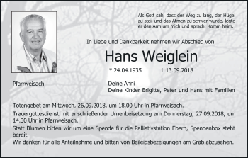 Anzeige von Hans Weiglein von MGO