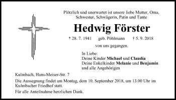 Anzeige von Hedwig Förster von MGO