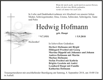 Anzeige von Hedwig Hofmann von MGO