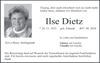 Anzeige von Ilse Dietz von MGO
