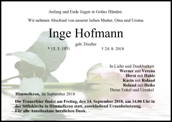 Anzeige von Inge Hofmann von MGO