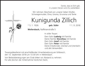 Anzeige von Kunigunda Zillich von MGO