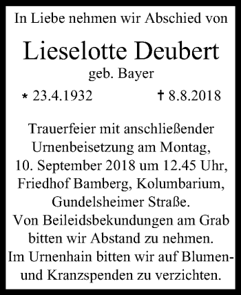 Anzeige von Lieselotte Deubert von MGO
