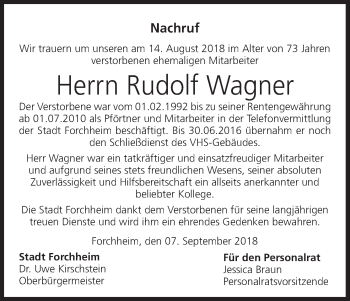 Anzeige von Rudolf Wagner von MGO