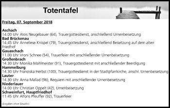 Anzeige von Totentafel vom 07.09.2018 von MGO