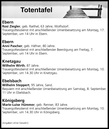 Anzeige von Totentafel vom 07.09.2018 von MGO