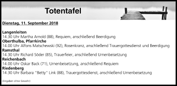 Anzeige von Totentafel vom 11.09.2018 von MGO